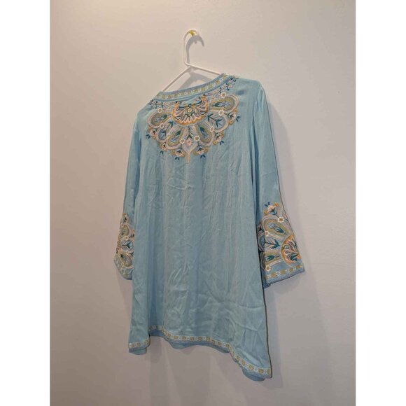 Soft Surroundings Women's Blue Embroidered 3/4 Sleeve V-Neck Tunic Top - Picture 7 of 15